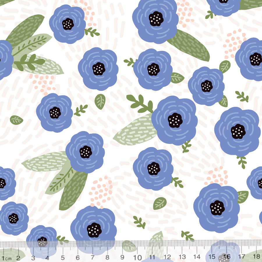 Tecido Tricoline Especial Coleção Amor de Mãe - Floral Afeto - Azul - 100% Algodão - Largura 1,50m