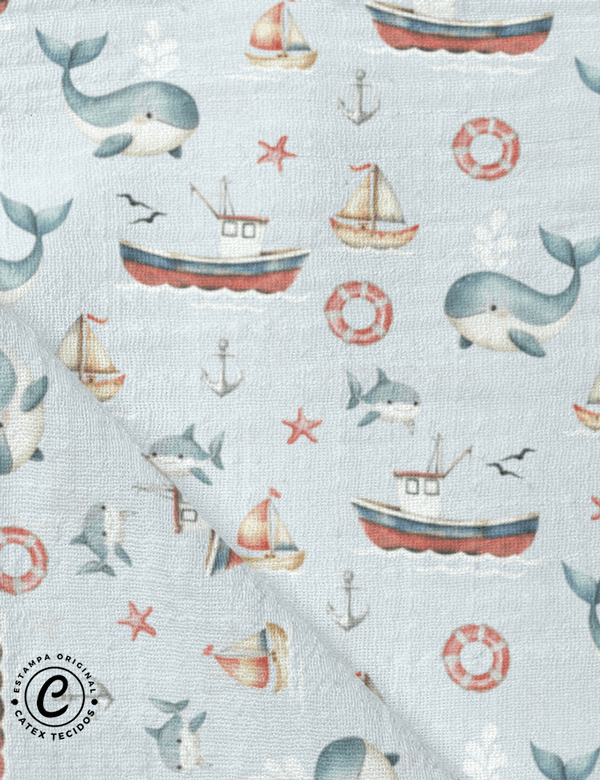 Tecido Fralda Estampada - Baleia em Alto Mar - 100% Algodão - 70cm x 70cm