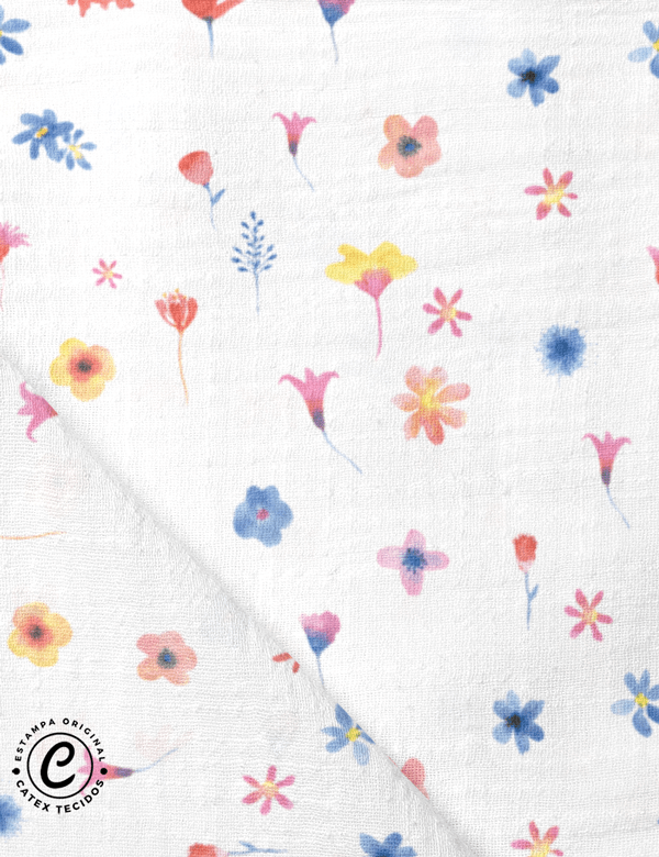Tecido Fralda Estampada - Coleção Alice no País das Maravilhas - Floral - 100% Algodão - 70cm x 70cm