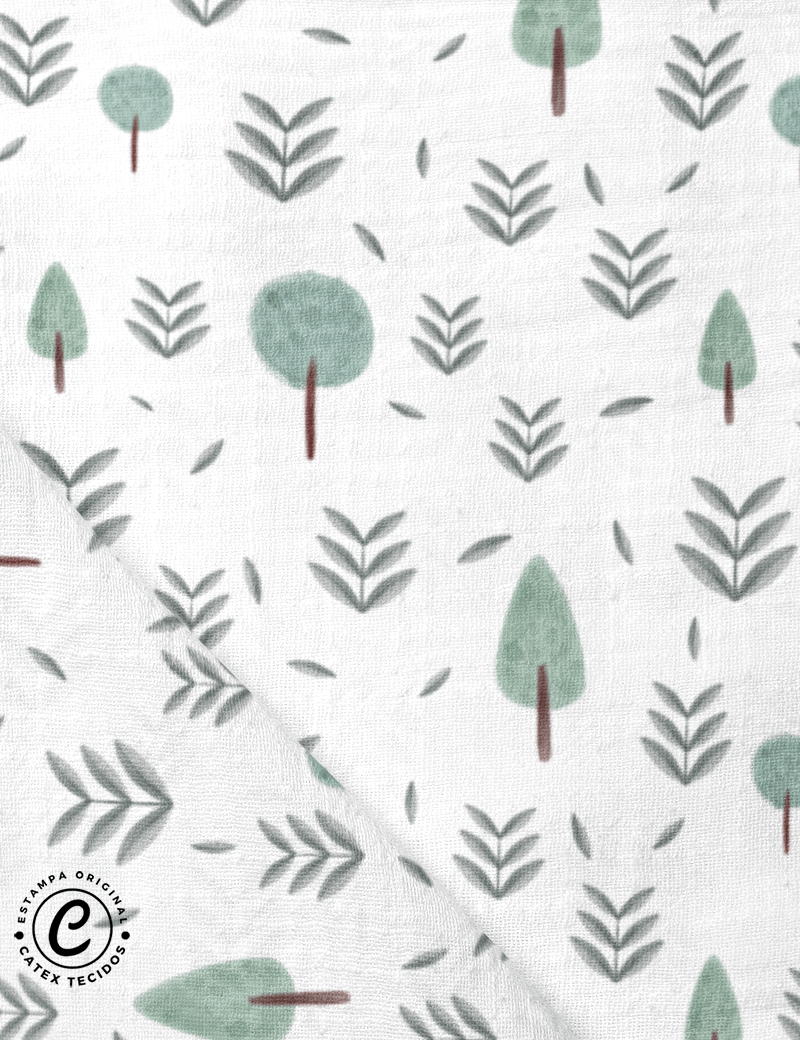 Tecido Fralda Estampada - Coleção Boho Baby - Árvores no Bosque - 100% Algodão - 70cm x 70cm