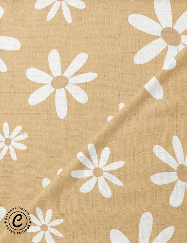 Tecido Fralda Quadriculada Estampada - Coleção Fazenda Feliz - Margaridas - Mostarda - 100% Algodão - 70cm x 70cm