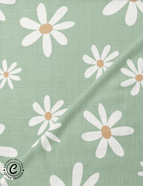 Tecido Fralda Quadriculada Estampada - Coleção Fazenda Feliz - Margaridas - Verde - 100% Algodão - 70cm x 70cm