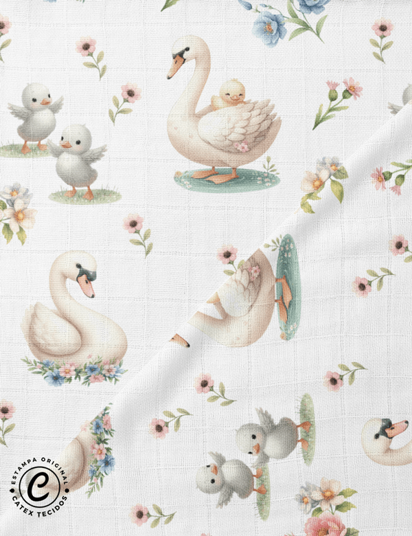 Tecido Fralda Quadriculada Estampada - Mãe Cisne - 100% Algodão - 70cm x 70cm