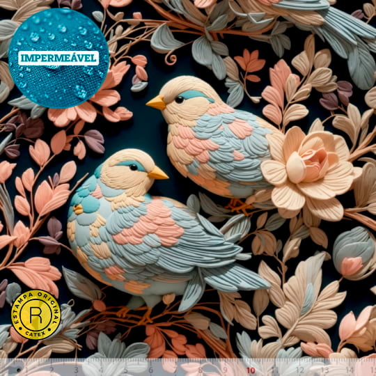 Tecido Sarja Impermeável Especial Coleção 3D - Floral 08 - Passarinhos - 100% Algodão - Largura 1,50m