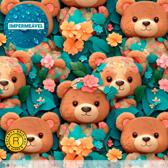 Tecido Sarja Impermeável Especial Coleção 3D - Floral 21 - Ursinhos de Pelúcia - 100% Algodão - Largura 1,50m