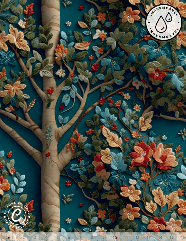 Tecido Sarja Impermeável Especial Coleção 3D - Floral 24 - Árvore com Flores - 100% Algodão - Largura 1,50m
