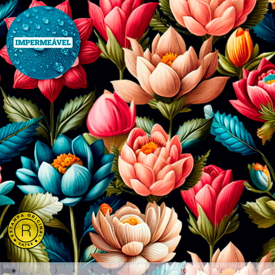 Tecido Sarja Impermeável Especial Coleção 3D - Floral Dark - 100% Algodão - Largura 1,50m