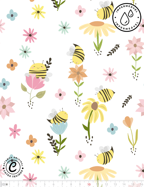 Tecido Sarja Impermeável Especial Coleção Bee Happy - Abelhas no Jardim - 100% Algodão - Largura 1,50m