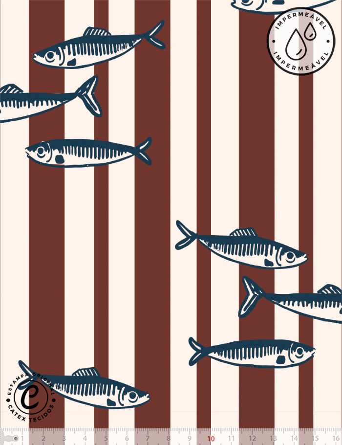 Tecido Sarja Impermeável Especial Coleção Frutos do Mar – Cardume de Sardinhas - 100% Algodão - Largura 1,50m