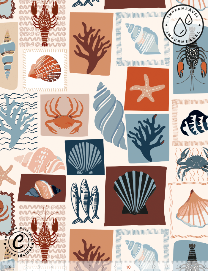 Tecido Sarja Impermeável Especial Coleção Frutos do Mar – Cartão Postal do Mar - 100% Algodão - Largura 1,50m