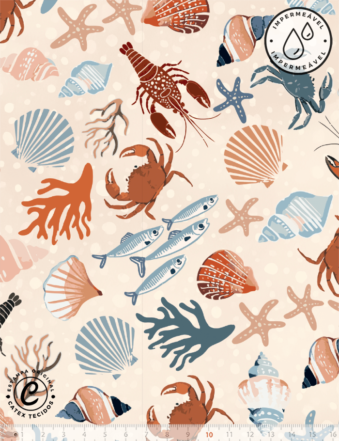Tecido Sarja Impermeável Especial Coleção Frutos do Mar – Maré Cheia - 100% Algodão - Largura 1,50m