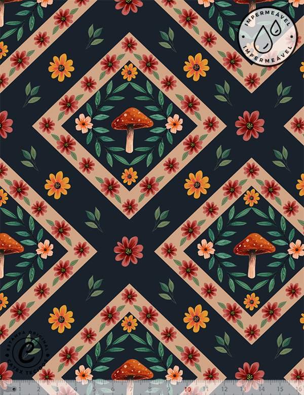 Tecido Sarja Impermeável Especial Coleção Inverno Boreal – Treliça Floral & Cogumelos - 100% Algodão - Largura 1,50m