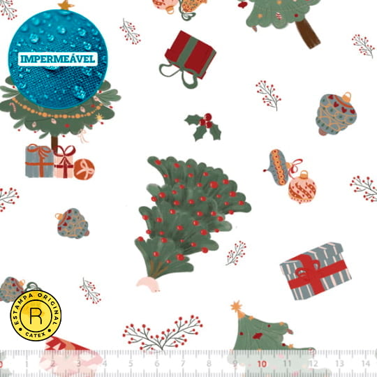 Tecido Sarja Impermeável Especial Coleção Natal Encantado - Árvores de Natal - 100% Algodão - Largura 1,50m