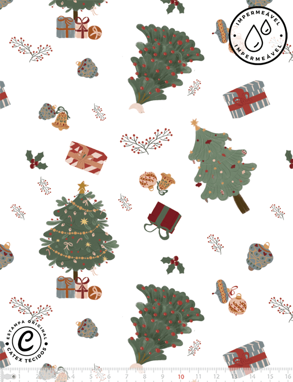 Tecido Sarja Impermeável Especial Coleção Natal Encantado - Árvores de Natal - 100% Algodão - Largura 1,50m