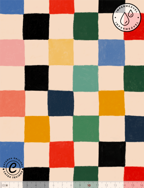 Tecido Sarja Impermeável Especial Linha Colorful Catex - Quadriculado Pincel Colorê - 100% Algodão - Largura 1,50m