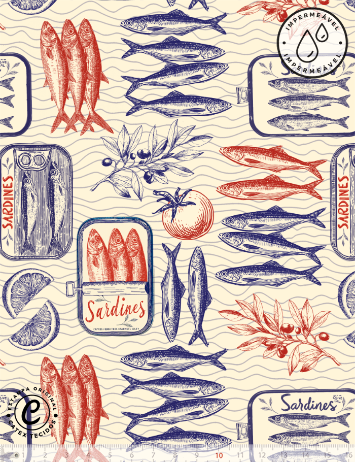 Tecido Sarja Impermeável Especial Sardines - Sardinha & Oliva - 100% Algodão - Largura 1,50m