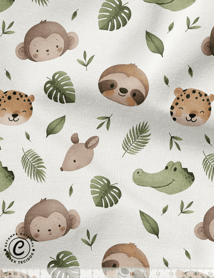 Tecido Flanela Baby Especial - Coleção Fauna Divertida - Rostinhos da Selva - 100% Algodão - Largura: 1,44m