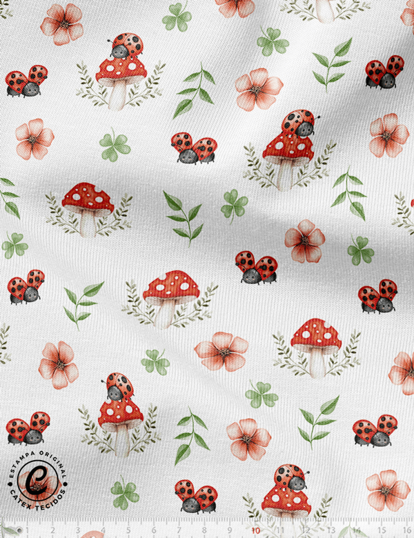 Tecido Flanela Baby Especial - Coleção Joaninha e Flores - Joaninha e Cogumelo - 100% Algodão - Largura: 1,44m