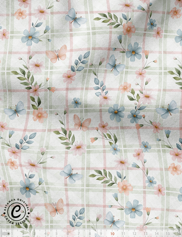 Tecido Flanela Baby Especial - Coleção Piquenique - Borboletas e Flores - 100% Algodão - Largura: 1,44m