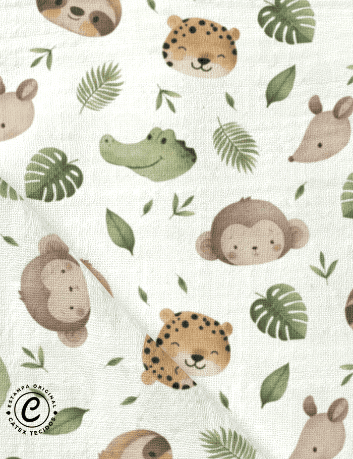 Tecido Fralda Estampada -  Coleção Fauna Divertida - Rostinhos da Selva - 100% Algodão - 70cm x 70cm