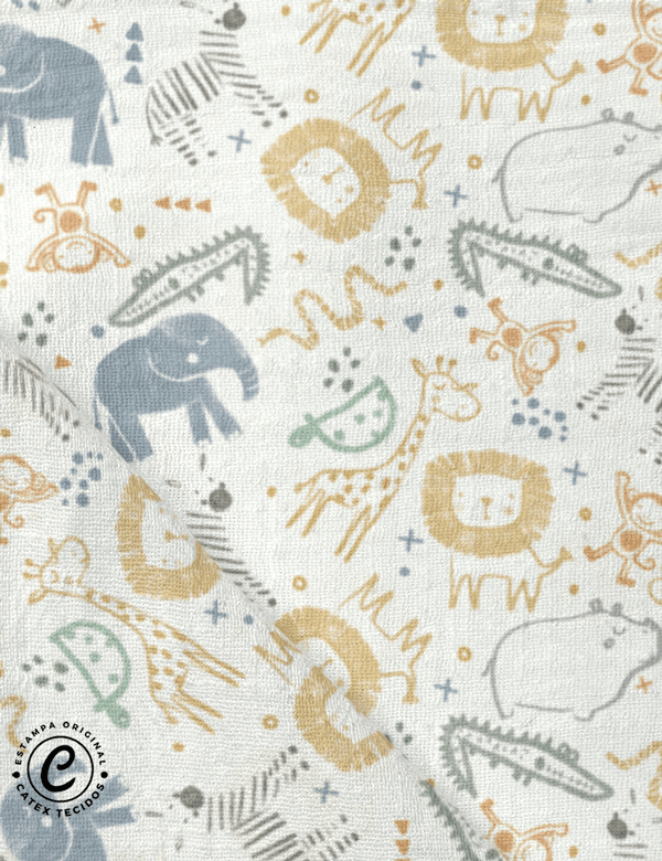 Tecido Fralda Estampada - Coleção Baby Safári - Bichos - 100% Algodão - 70cm x 70cm