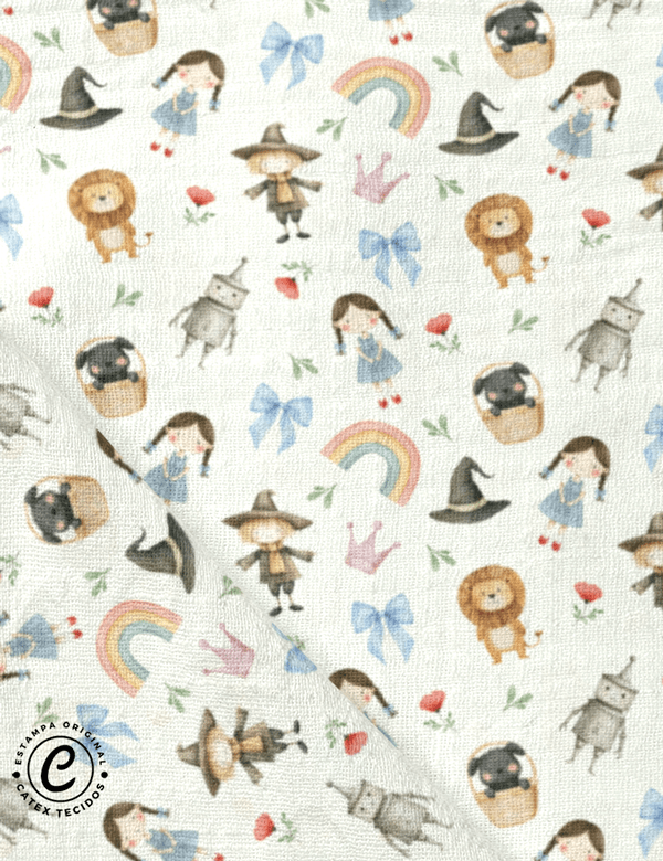 Tecido Fralda Estampada - Coleção Contos - O Mágico de Oz - Personagens - 100% Algodão - 70cm x 70cm