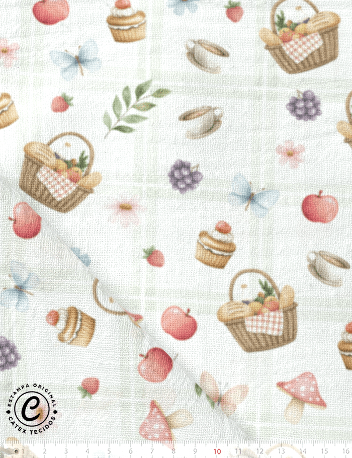 Tecido Fralda Estampada - Coleção Piquenique - Comidinhas - 100% Algodão - 70cm x 70cm