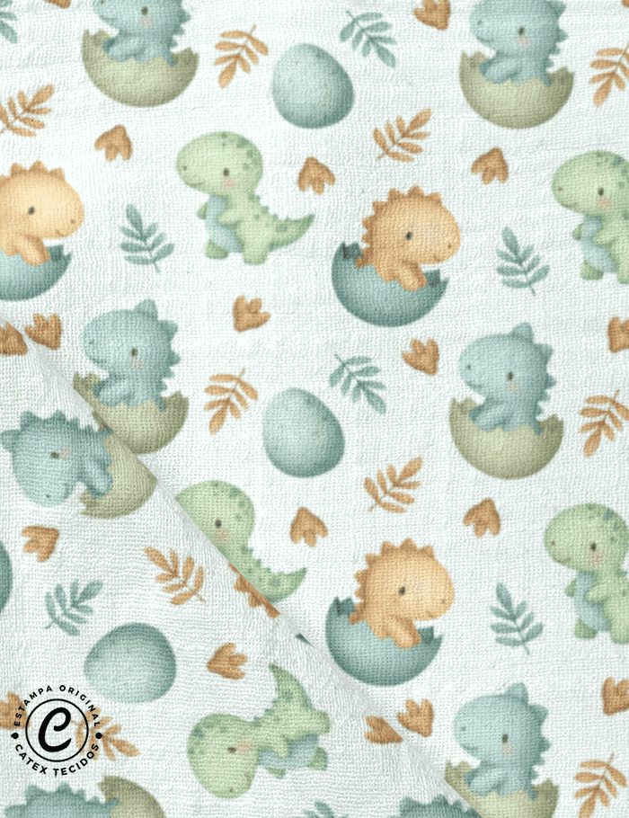 Tecido Fralda Estampada - Dino Baby Aquarela - 100% Algodão - 70cm x 70cm