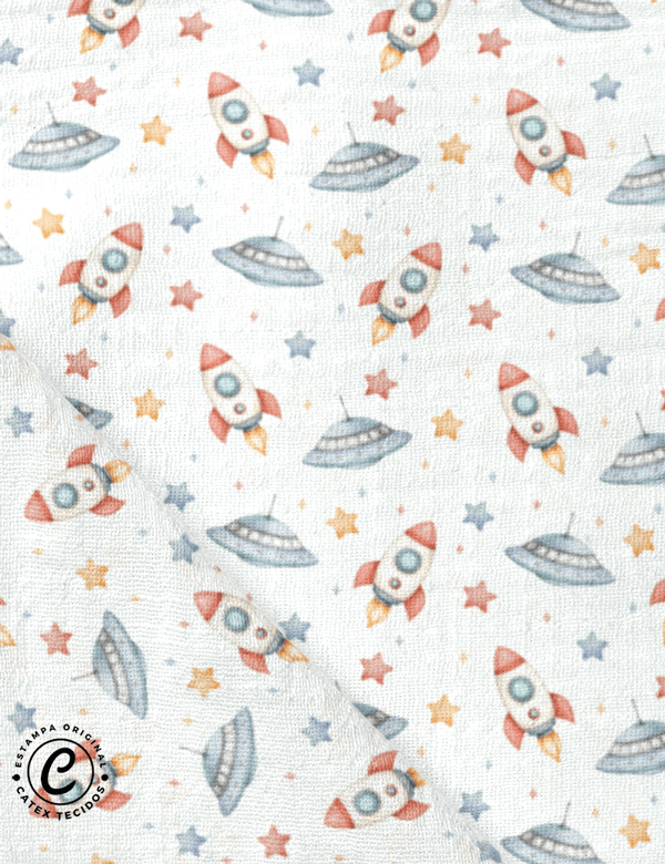 Tecido Fralda Estampada - Foguetes e Naves - 100% Algodão - 70cm x 70cm
