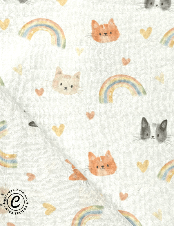 Tecido Fralda Estampada - Gatinhos em Aquarela - 100% Algodão - 70cm x 70cm