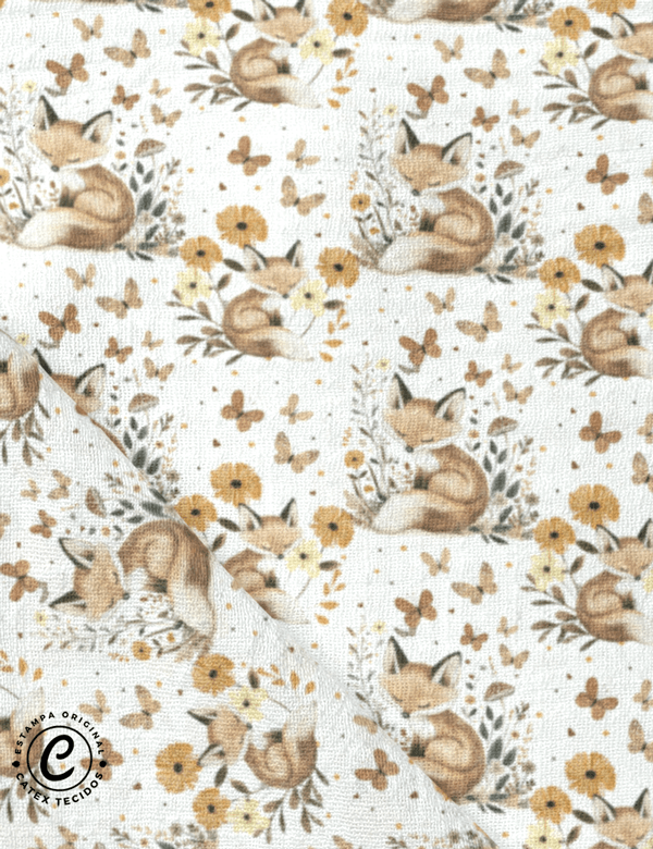 Tecido Fralda Estampada - Linda Raposa - Jardim - 100% Algodão - 70cm x 70cm