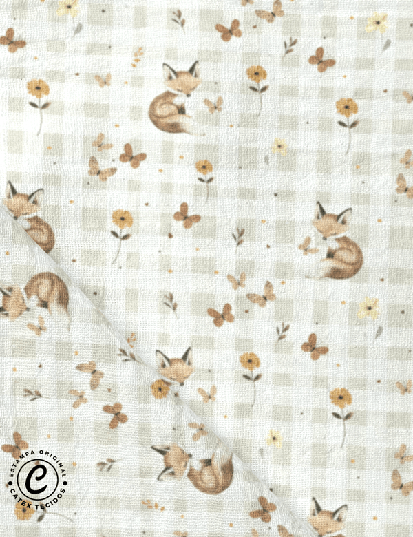 Tecido Fralda Estampada - Linda Raposa - Xadrez - 100% Algodão - 70cm x 70cm