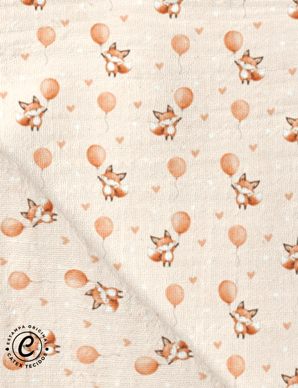 Tecido Fralda Estampada - Raposinha e Balões - 100% Algodão - 70cm x 70cm