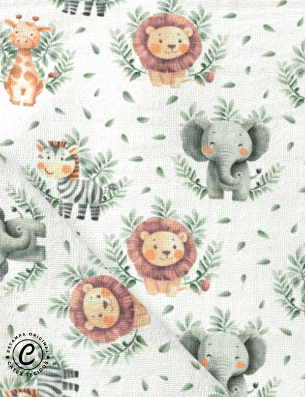 Tecido Fralda Estampada - Zoo Safári - 100% Algodão - 70cm x 70cm