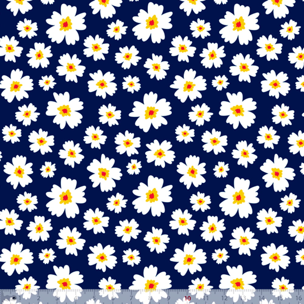 Tecido Tricoline Floral Flores Brancas - Fundo Azul Marinho - 100% Algodão - Largura 1,50m