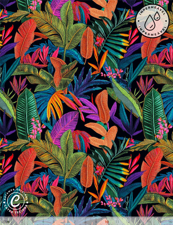Tecido Sarja Impermeável Especial Coleção Colorida por Cami - Folhagens Tropicais - 100% Algodão - Largura 1,50m