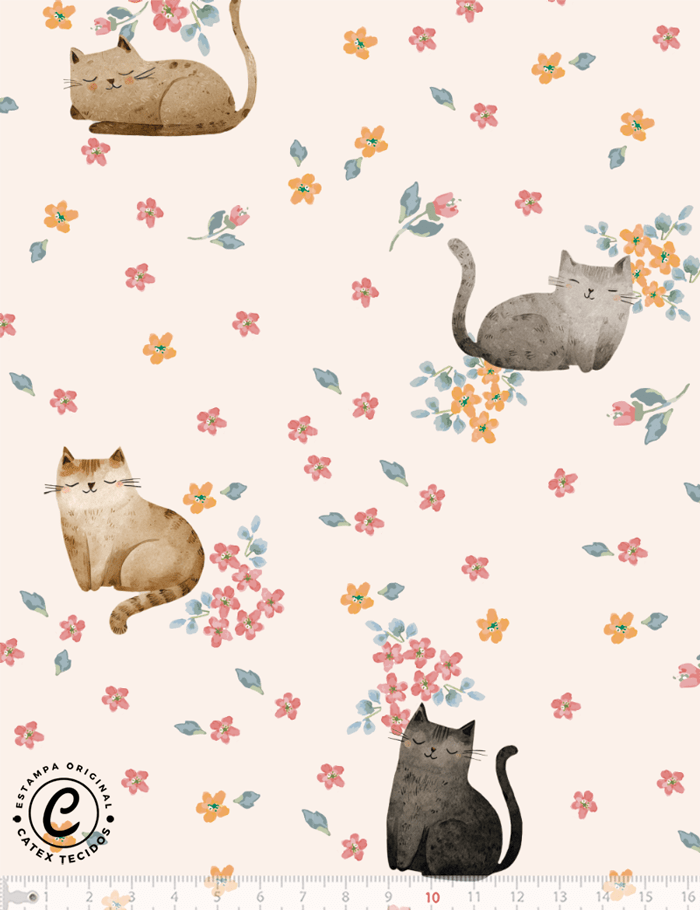 Tecido Tricoline Especial Coleção Dolce Vita por Cintia Costura - Gatinhos do Jardim - 100% Algodão - Largura 1,50m