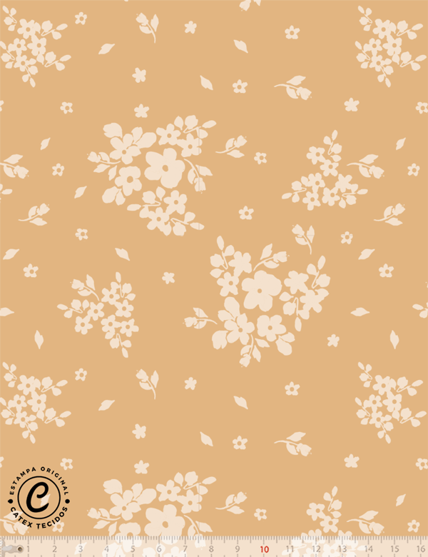 Tecido Tricoline Especial Coleção Dolce Vita por Cintia Costura - Flores Delicadas - Ocre - 100% Algodão - Largura 1,50m
