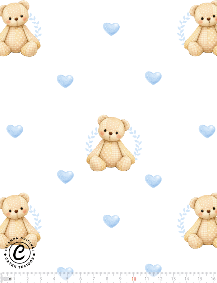 Tecido Tricoline Especial Coleção Débora Radtke - Peti Petá Azul - Peti e Corações - 100% Algodão - Largura 1,50m