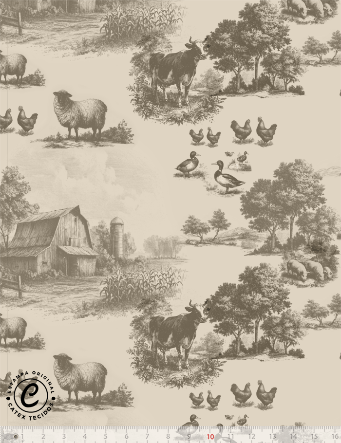 Tecido Tricoline Especial Coleção Farm Life por Anita Catita - Outono Toile de Jouy - 100% Algodão - Largura 1,50m
