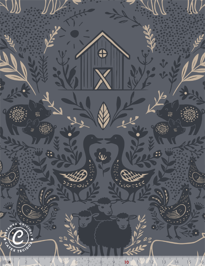 Tecido Tricoline Especial Coleção Farm Life por Anita Catita - Vida na Fazenda Blue - 100% Algodão - Largura 1,50m