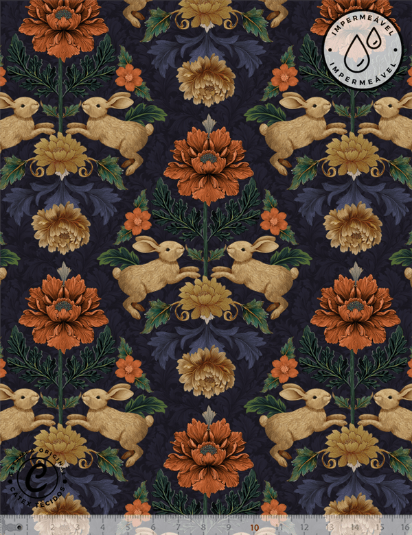 Tecido Sarja Impermeável Especial Coleção Páscoa Jardim Imperial – Damask Floral & Coelhos - 100% Algodão - Largura 1,50m