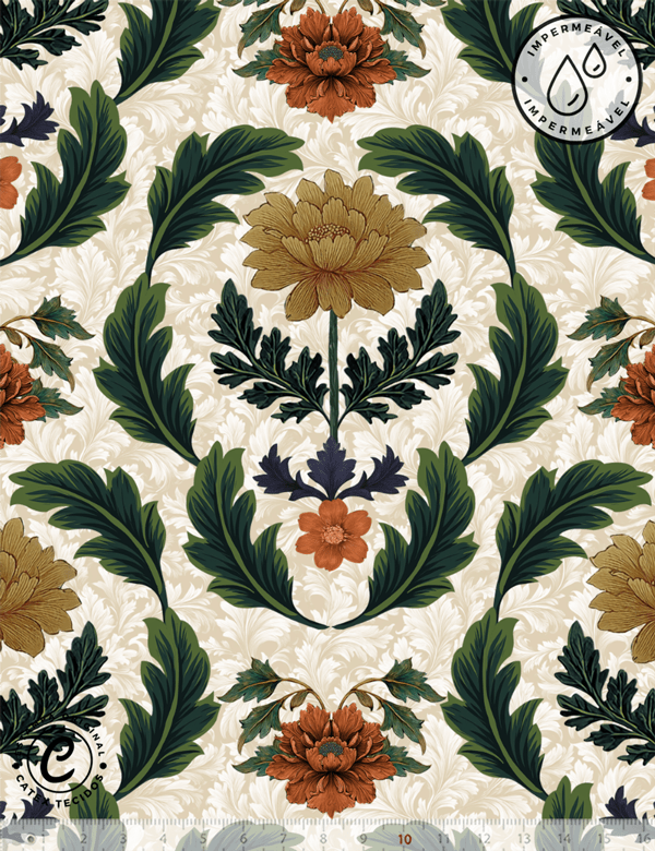 Tecido Sarja Impermeável Especial Coleção Páscoa Jardim Imperial – Floral Barroco & Folhagens - 100% Algodão - Largura 1,50m