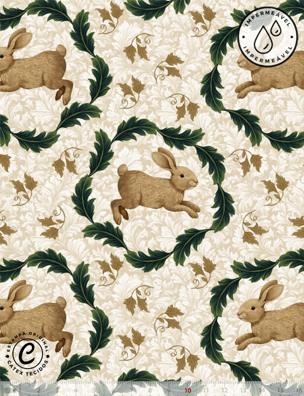 Tecido Sarja Impermeável Especial Coleção  Páscoa  Jardim Imperial – Guirlanda de Folhas & Coelhos - 100% Algodão - Largura 1,50m