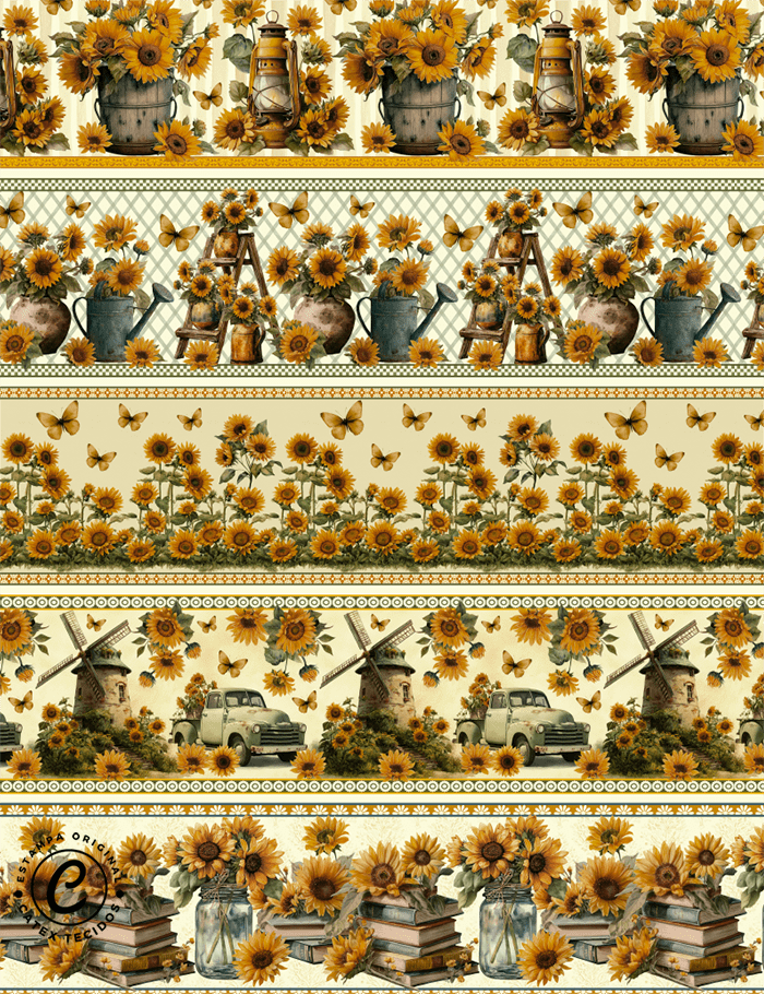 Tecido Tricoline Especial Barrado - Girassóis - 100% Algodão - Largura 1,50m