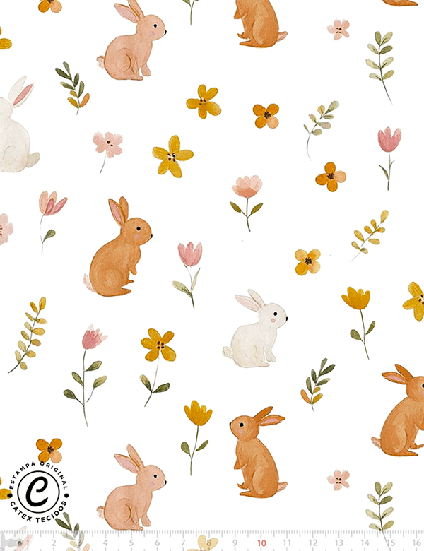 Tecido Tricoline Especial Coelhinhos Baby Aquarela - 100% Algodão - Largura 1,50m