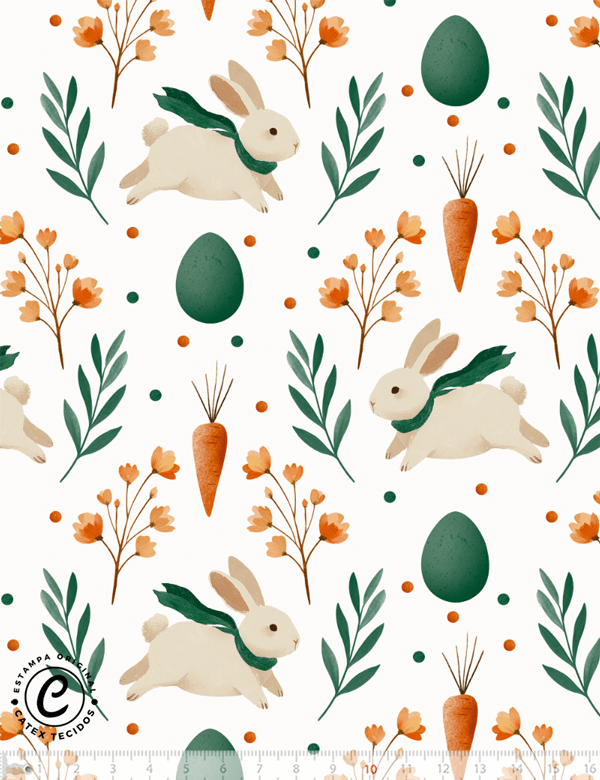 Tecido Tricoline Especial Coelhos e Cenouras - 100% Algodão - Largura 1,50m