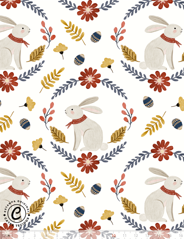Tecido Tricoline Especial Coelhos Folk na Guirlanda - 100% Algodão - Largura 1,50m