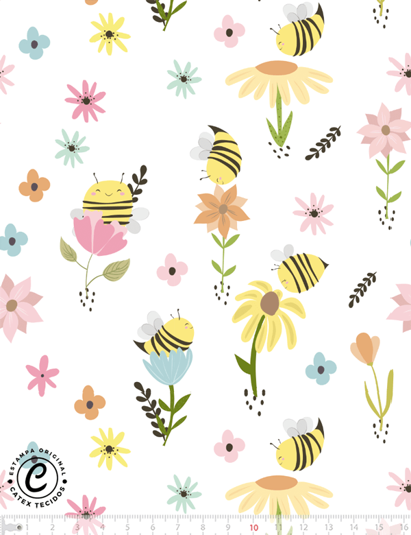Tecido Tricoline Especial Coleção Bee Happy - Abelhas no Jardim - 100% Algodão - Largura 1,50m