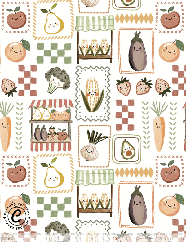 Tecido Tricoline Especial Coleção Dia de Feira - Feirinha Ilustrada - 100% Algodão - Largura 1,50m